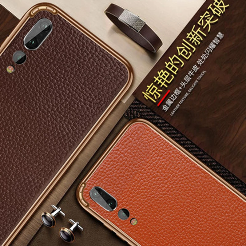 For Huawei P20 Pro Case Aluminum Alloy Bumper for Genuine Leather Back Cover Free Tempered Glass Screen Protector | Мобильные
