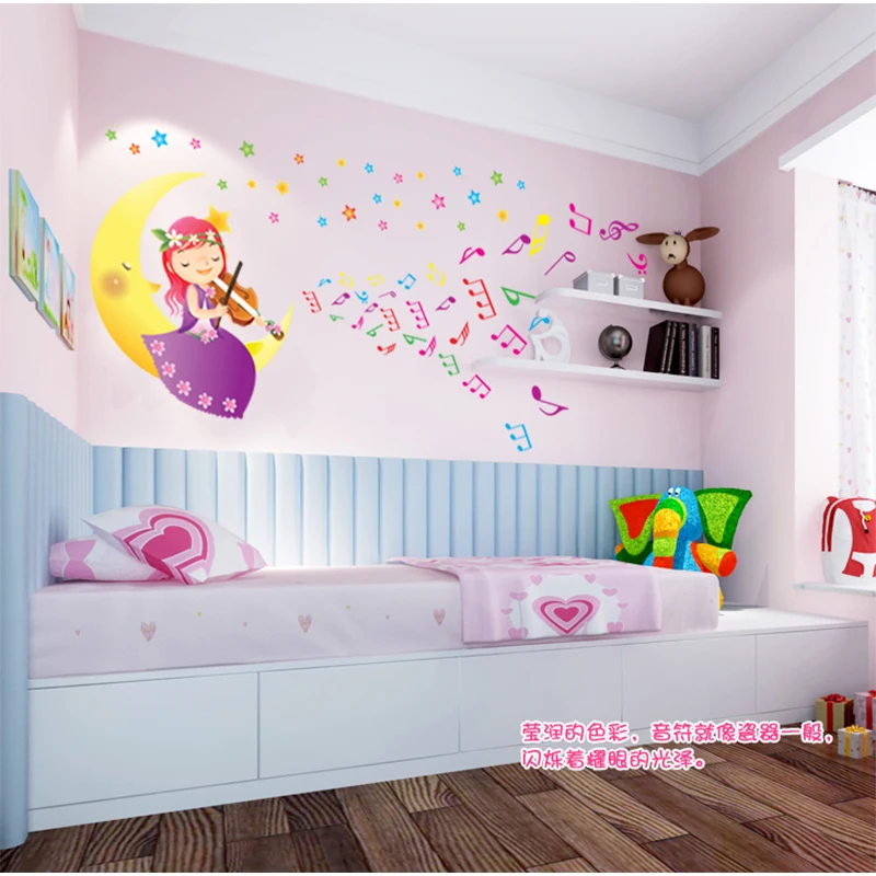 Cartoon Violin Girl Moon Boat Music Notes Wall Sticker For Kids Room Decal Child Background Stickers DIY Art Poster | Дом и сад