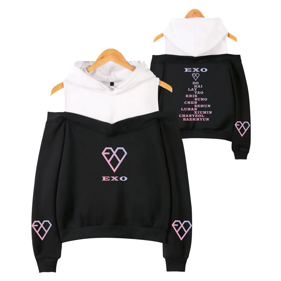 

Kpop EXO Off-shoulder Hoodies Sweatshirt 2022 streetwear women Harajuku Fashion Sweatshirts Girl Sexy Pullovers Casual clothing
