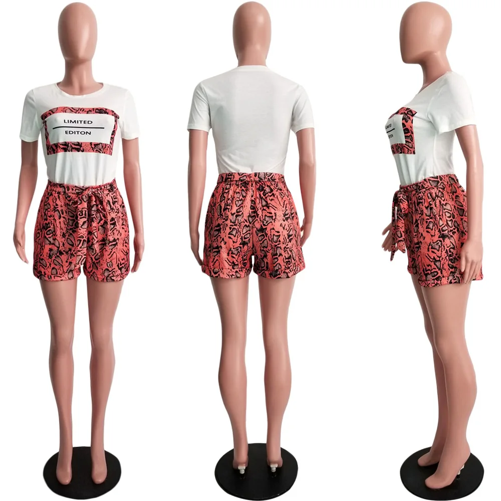 

Snake Print Fashion 2 piece Set Women Elegant Short Sleeve O Neck T Shirt With Shots Two Piece Set Slim Casual Bow Women Outfit