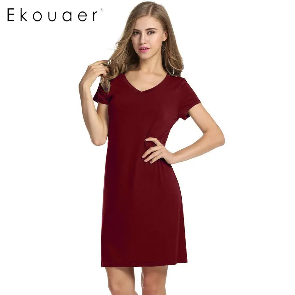 Wine Red Ekouaer ночные рубашки женские ночные рубашки домашнее платье с v-образным вырезом короткий рукав свободное Ночное платье летняя одежда для сна ночная рубашка Прямая поставка - Цвет: Wine Red