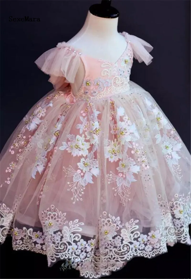 Real Picture Luxury Baby Girls Birthday Party Dress Lace Beading Puffy Tulle Flower Dresses Kids Pageant Gown Custom Size | Детская