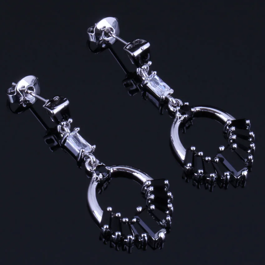

Clean Black Cubic Zirconia White CZ Silver Plated Drop Dangle Earrings V0735