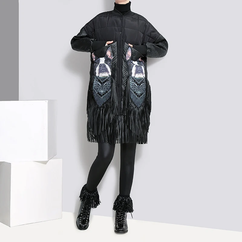2018 зимние Для женщин Oversize длинные черные парка куртка PU бахромой Стенд воротник с