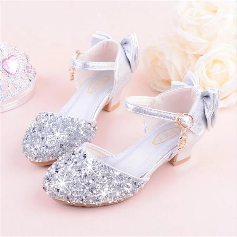silver Girls sandals high heels spring and summer rhinestones bow princess Performance /wedding crystal single shoes shiny silver - Цвет: silver