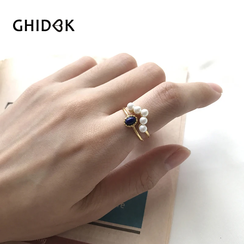 GHIDBK золото Цвет двойной натуральный камень жемчуг кольца для женщин 925