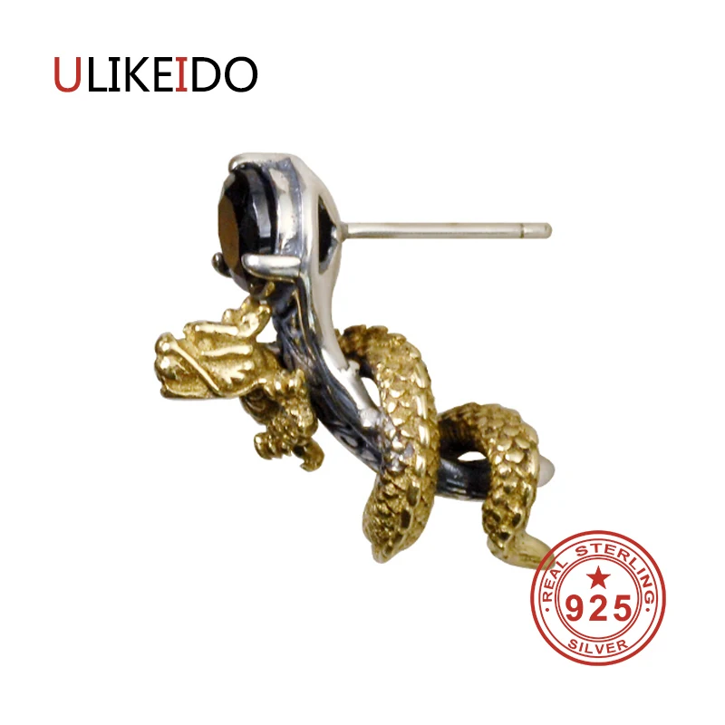 100% Pure 925 Серебряный Дракон Серьги модные панк jewelry серьги стержня для Для мужчин и