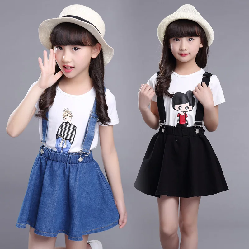 

2021 Newest Girl Clothes Short Sleeve casual T-shirt+Skirt Overalls Sets girls ruffle outfits 4 5 8 9 years toddler clothes