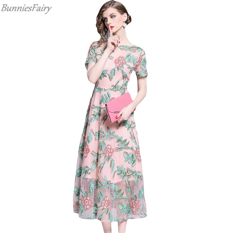 BunniesFairy 2019 летнее элегантное милое цветочное вышитое розовое Сетчатое платье феи