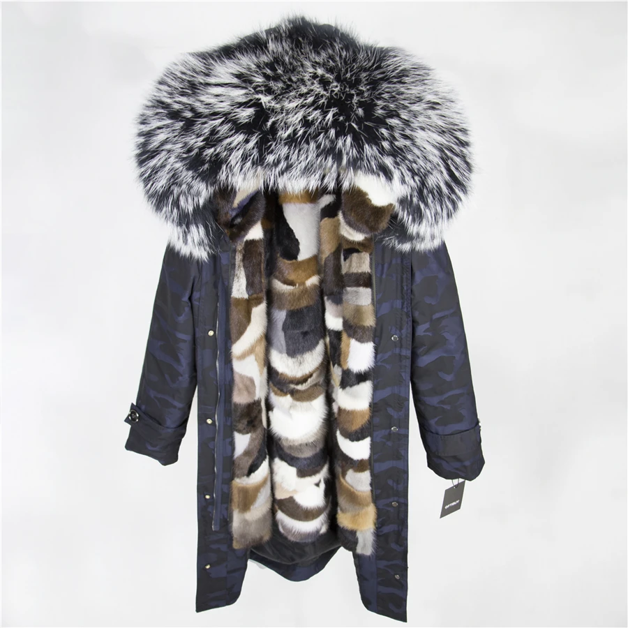 blue Camouflage 32 OFTBUY,, пальто с натуральным мехом, X-long, Камуфляжная парка, зимняя куртка для женщин, большой воротник из натурального меха енота, капюшон, подкладка из натурального меха норки - Цвет: blue Camouflage 32