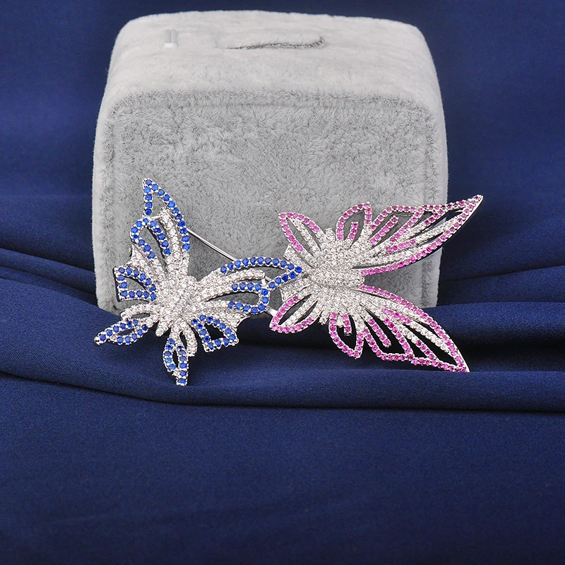 YAN MEI Siamese Butterfly Brooches Silver Plated Zirconia Corsage Breastpin Lapel Pins Fashion Jewelry Accessories GLX0176 | Украшения и