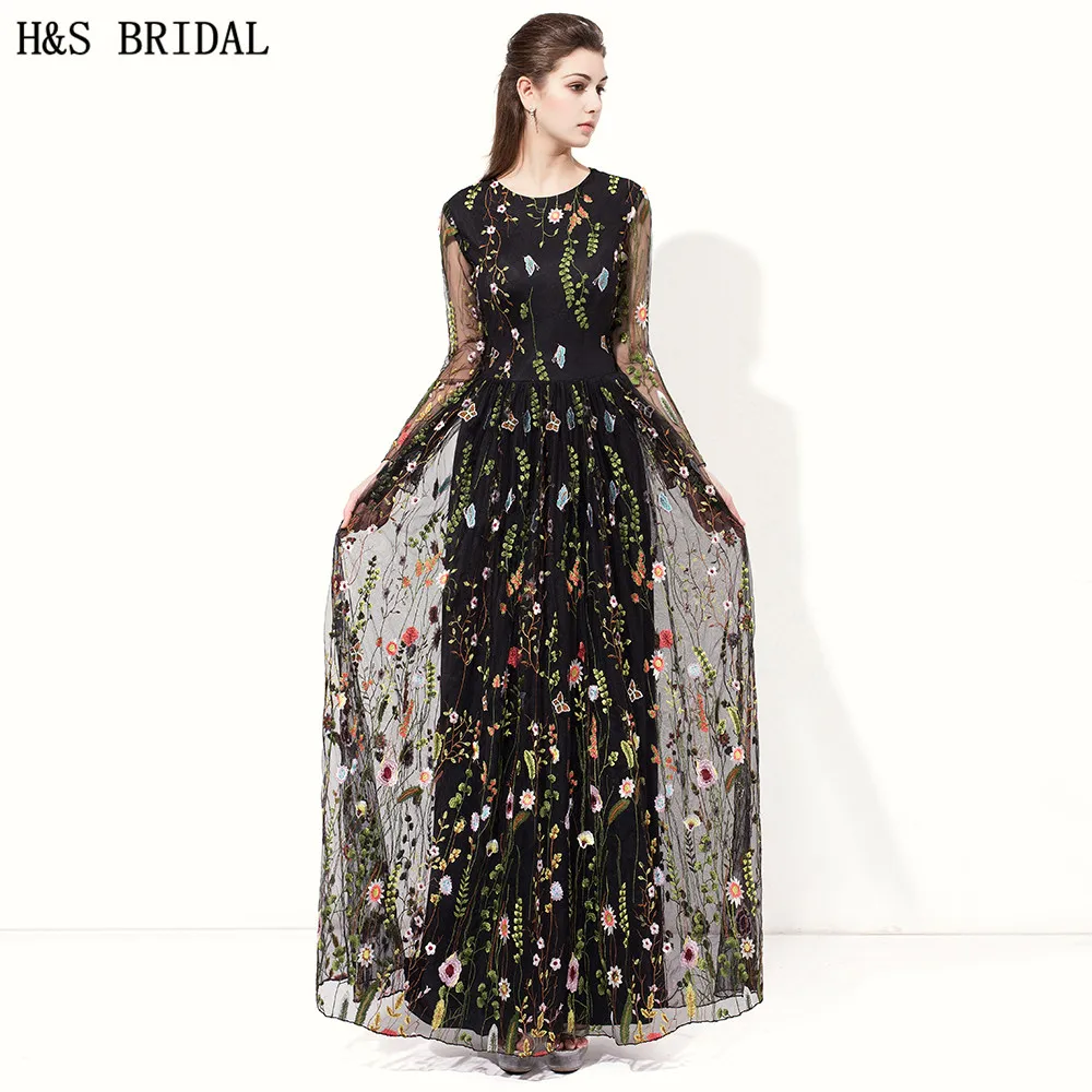 H & S свадебные черные платья с длинным рукавом для выпускного вечера круглым