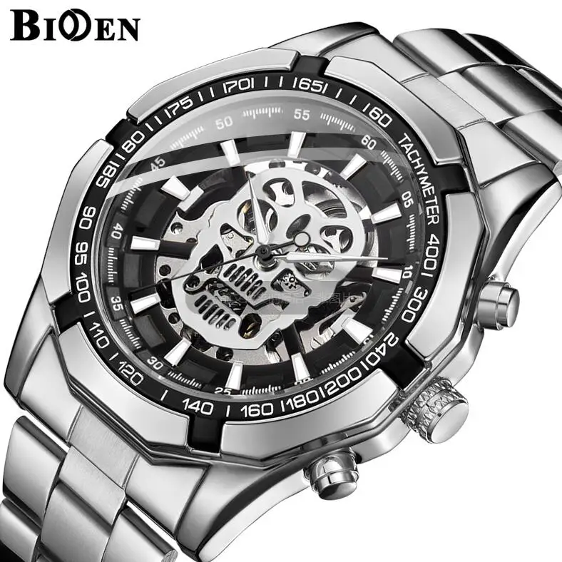 silver black Новые модные механические часы для мужчин с дизайном черепа Топ бренд класса люкс Золотой Нержавеющая сталь ремешок Скелет Человек Авто наручные часы - Цвет: silver black