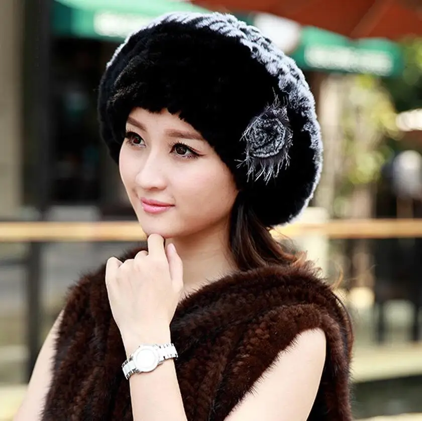 black grey YCFUR женская шапка, зимняя вязаная шапка из меха кролика Рекс, шапка для дам, зимняя мягкая теплая шапка из натурального меха, шапки Skullies для женщин - Цвет: black grey