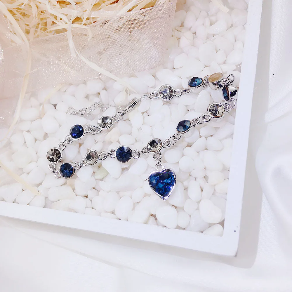 YUN RUO роскошный голубой циркон камень океан Сердце браслет розовое золото цвет