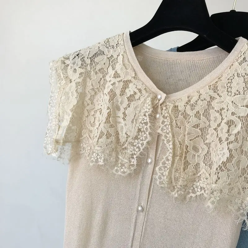ALPHALMODA Летний Женский вязаный кардиган с кружевным воротником, однобортный кружевной кардиган в стиле пэчворк, милая Повседневная летняя одежда
