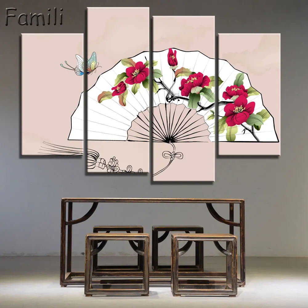4 панели старинная китайская раскраска кистей принт холст лотос пруд