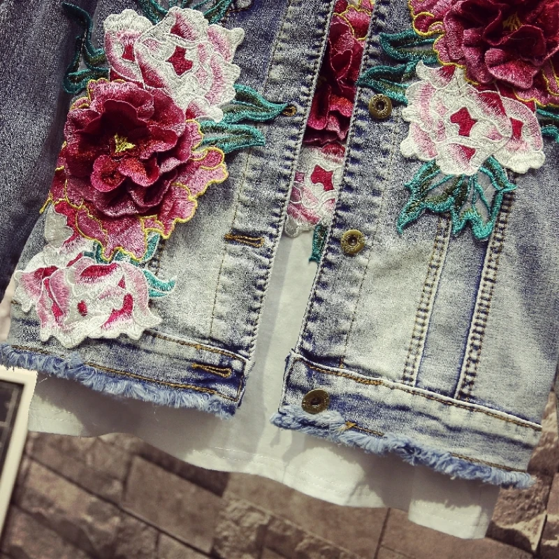 

Spring Summer Embroidery Denim Vest Women Fashions Hole Ripped Flower Jacket Customize Streetwear Long Sleeve Jean Jacket