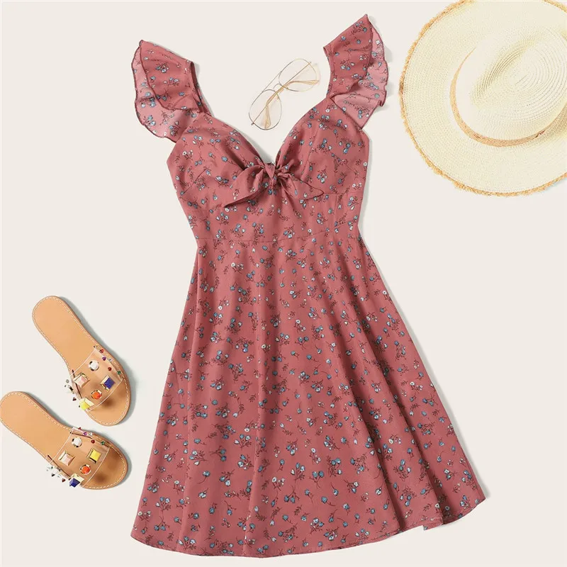 SHEIN розовое летнее платье в богемном стиле с цветочным узлом и оборкой на шее, женское Милое сексуальное платье без рукавов с v-образным вырезом и высокой талией