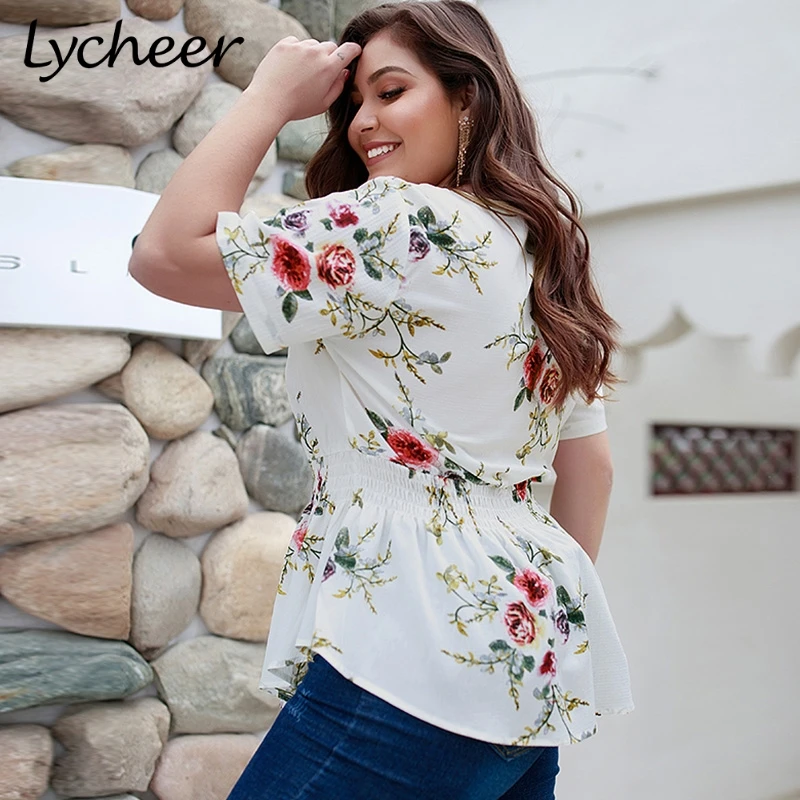 Женская блузка с цветочным принтом Lycheer Летняя Повседневная большого размера