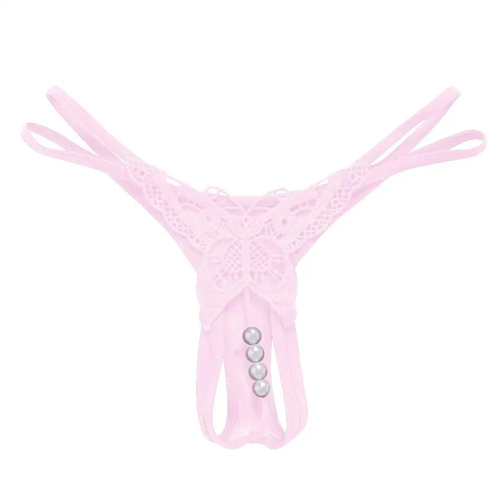 Pink 1 шт., женские трусики, открытая кружевная промежность, стринги, сетка, жемчужный массаж, женские сексуальные соблазнительные штаны, трусики с вырезами, para mujer - Цвет: Pink