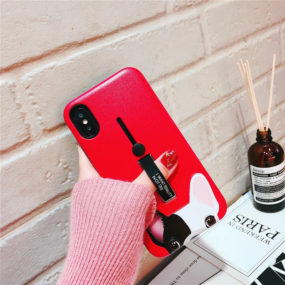 Cute bulldog Hide Stand Holder soft Phone Case For iPhone 7 Red Cartoon Capa Fundas X XS MAX XR 6 6s 8 Plus case |