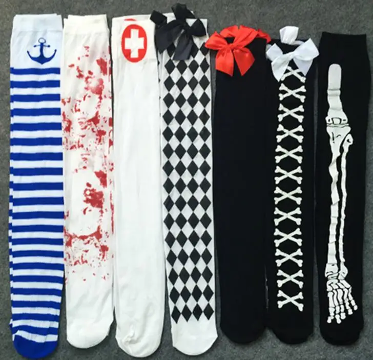 

Blood Stained Zombie Stockings Tights Cosplay Nurse Fancy Dress Blood Skeleton Stain Hosiery Thigh Long Socks white Festive