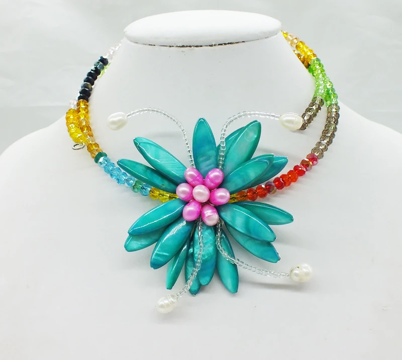 Жемчужное ожерелье чокер с цветком из синей ракушки FW|flower necklace|pearl chokerchoker flower |