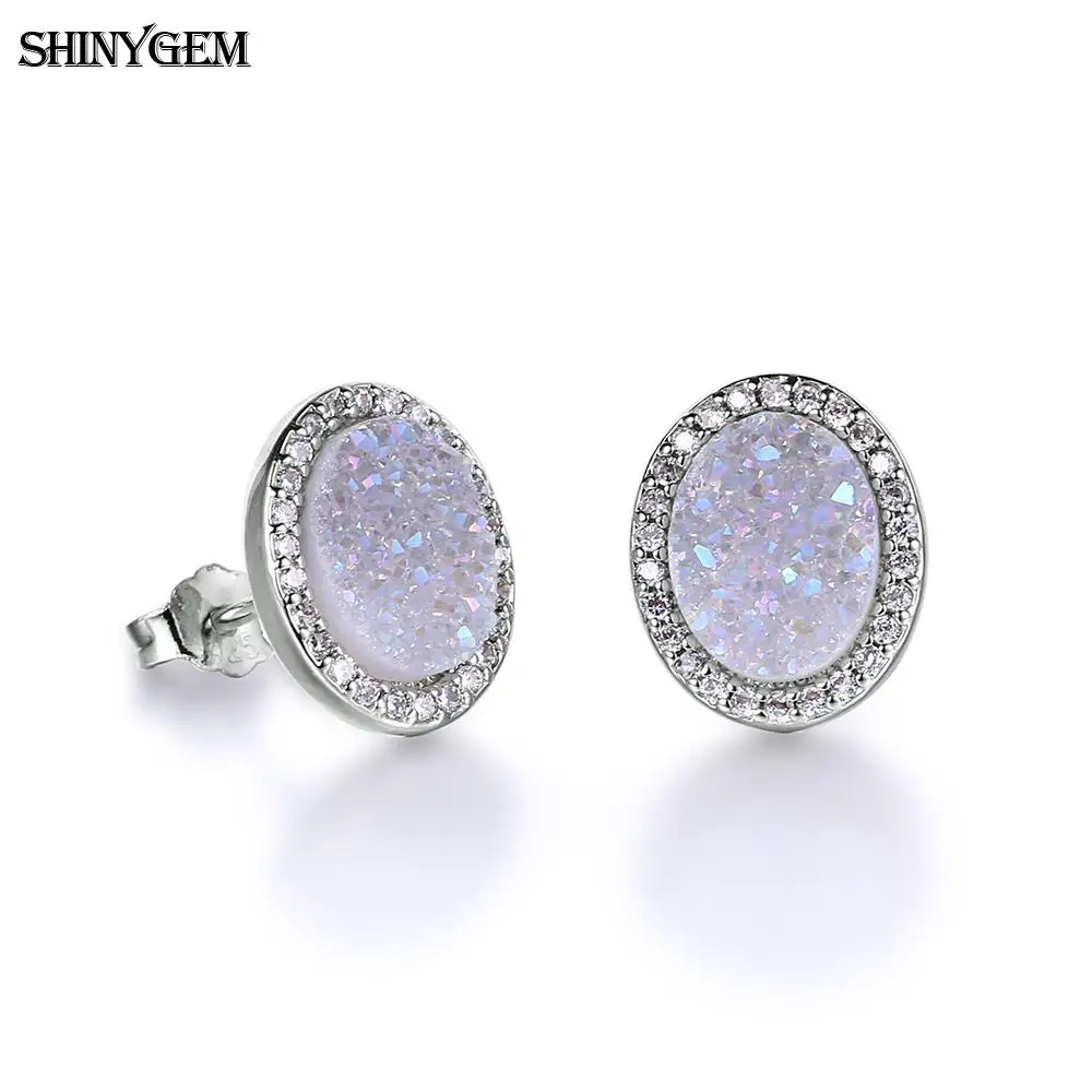 Женские серьги гвоздики с натуральным опалом ShinyGem маленькие сверкающие Овальная