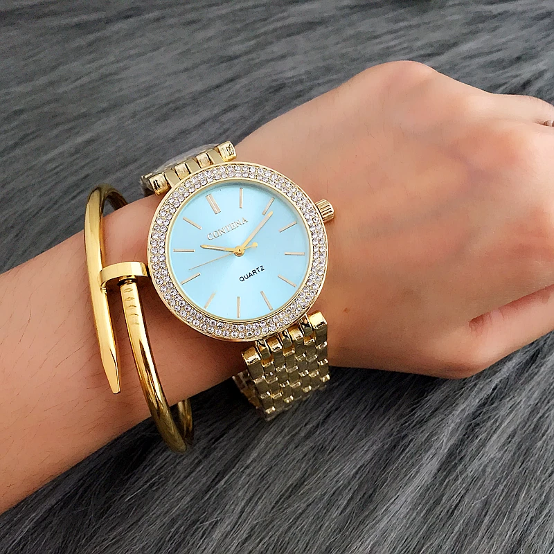 CONTENA Роскошные Стразы Часы женские часы модные золотые reloj mujer relogio feminino|feminino|feminino |