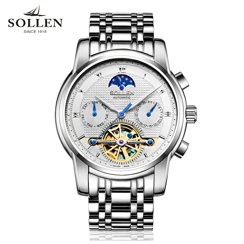 SOLLEN automatic mechanical watch men business hollow men's watches steel waterproof luminous multi-functional male wristwatches |