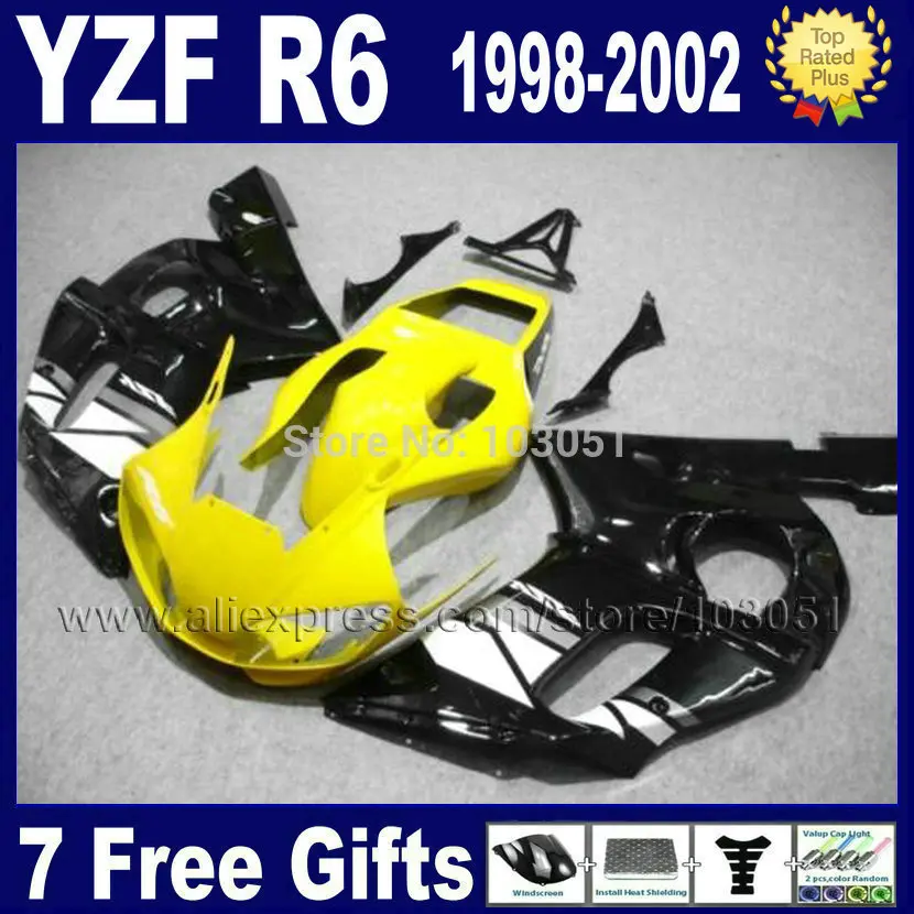 

Custom Road motorcycle fairing for YAMAHA R6 1998 1999 02 00 99 98 yellow black YZF R6 2000 2001 2002 fairings 7gift
