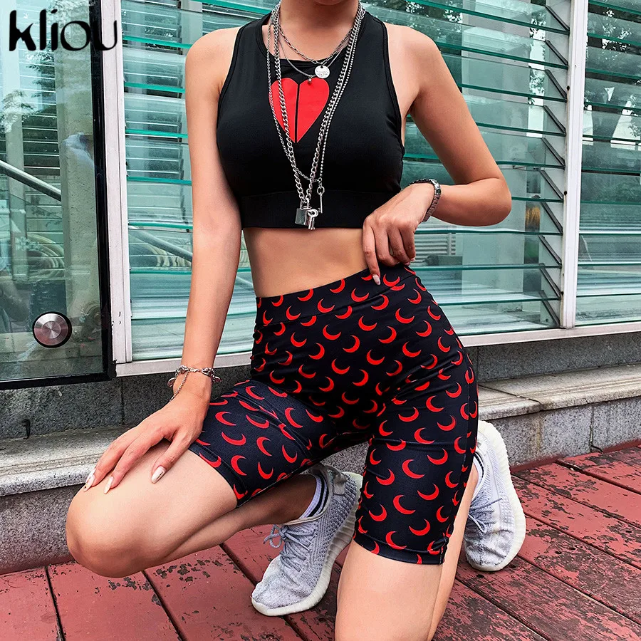 Kliou women skinny shorts elastic high waist fitness short print trousers summer female casual fashion street short pants