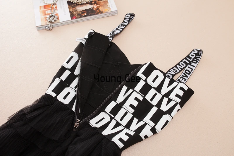 

YoungGee Summer LOVE Dress Women Strapless Sleeveless Midi vestidos 2019 Female Backless Sexy Spaghetti Strap Mesh Cake Dresses