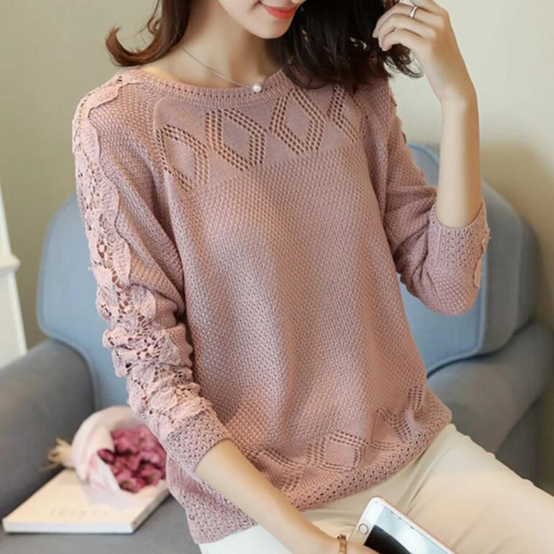 Women long-sleeve thin sweater openwork 2018 spring and summer female knitted tops teenager girl fashion Korean style pullover | Женская