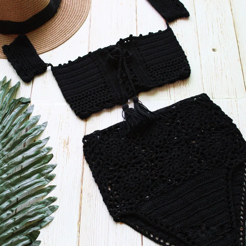 Новый вязаный сексуальный пляжный стиль Женский комплект с вырезом лодочкой