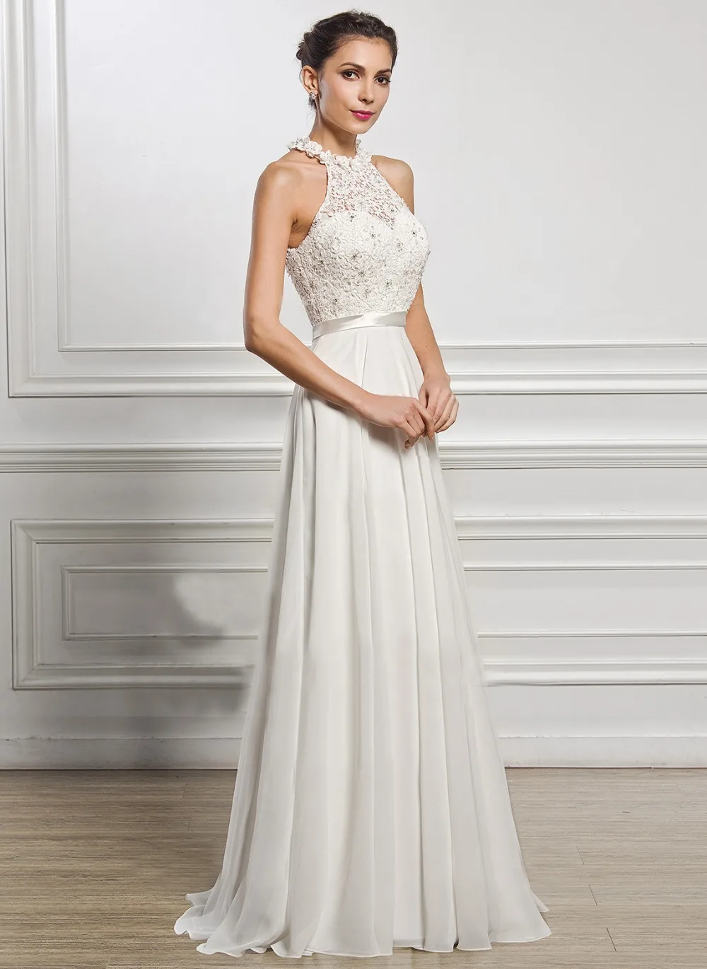 Женское свадебное платье в стиле бохо Ensotek шифоновое кружевное с лямкой на шее и