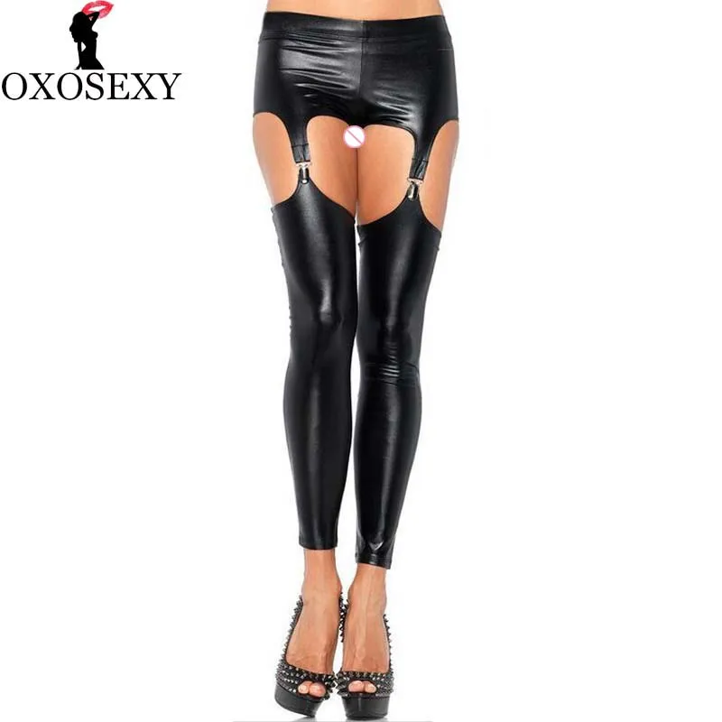 Женские черные кожаные штаны с открытой промежностью леггинсы подвязка пояс для