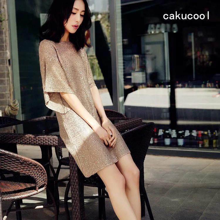 

Cakucool Women Summer Knit Dress Sequined Bodycon Vestido Sexy big O-neck Short Sleeve Casual dress Bead Bling Party Mini Dress