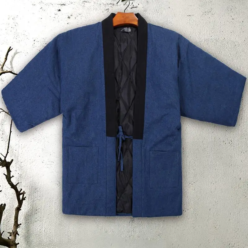 Осенне-зимнее мужское кимоно Haori, толстая теплая хлопковая стеганая куртка, Повседневная Домашняя одежда, мужское однотонное Свободное пальто, один размер - Цвет: Navy Blue