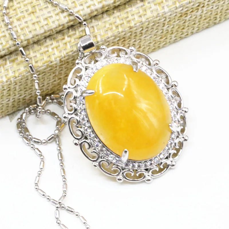 

Yellow Natural Jades Stone Chalcedony Stainless Steel Necklace & Pendant Women Zircon Inlay Chain Pendants 28x35mm Jewelry B3319