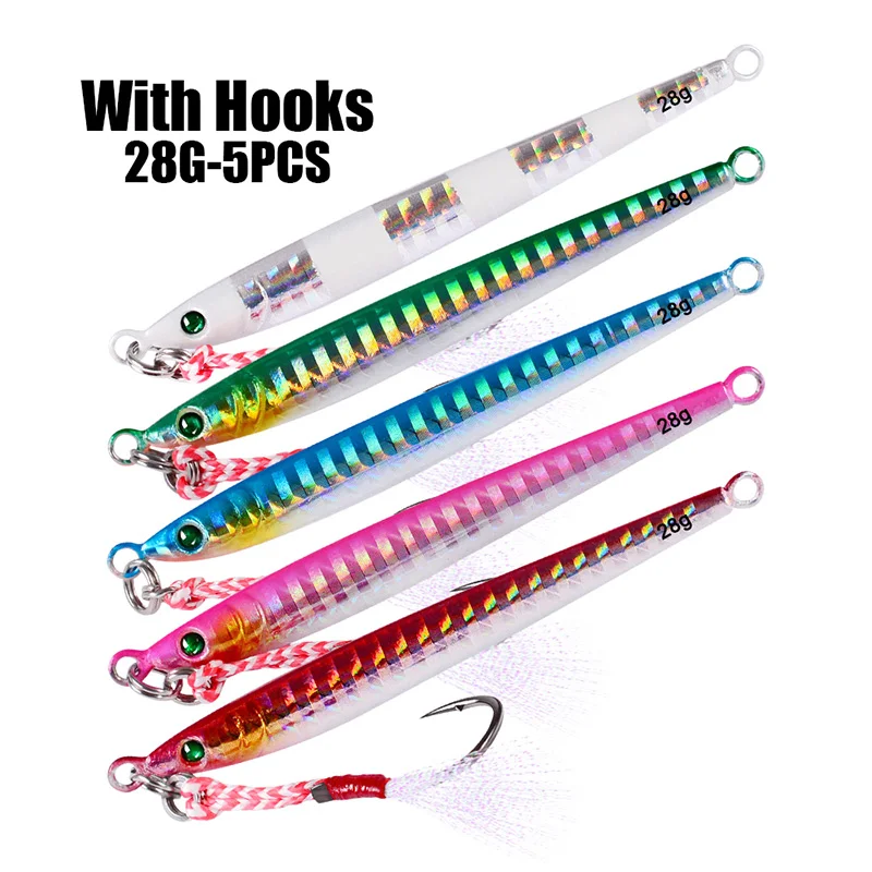 28G with Hooks 5 шт./лот, свинцовая рыба, 7 г-100 г/6 см-13,5 см, металлический джиг, приманка для рыбалки, 5 цветов, нож с блестками, воблер, искусственная жесткая приманка - Цвет: 28G with Hooks