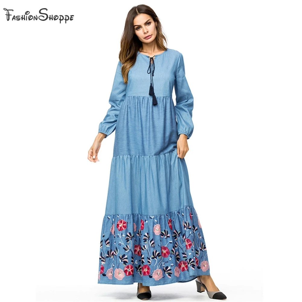 Осень Ближний Восток мусульманское женское модное джинсовое с круглым вырезом