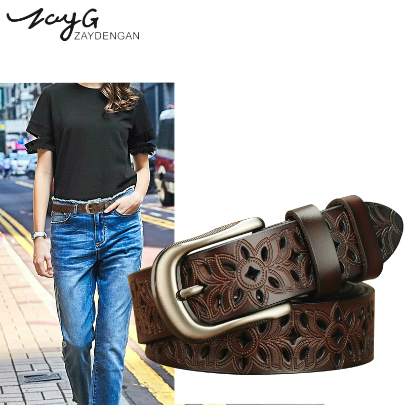 

ZAYG Women Fashion Wide Genuine Leather Belt Floral Carved Cow Skin Belts for Female Jeans Quality luxury Vintage Ceinture Femme