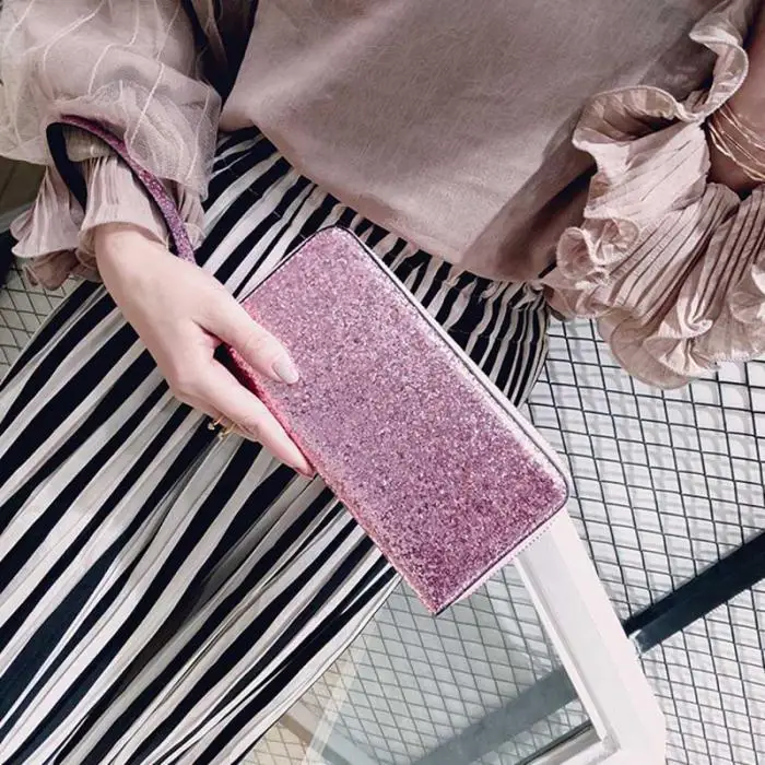 Hot Selling Women Long Wallet Sparkly Sequins PU Leather Bag Hand-held Phone Card Holder-B5