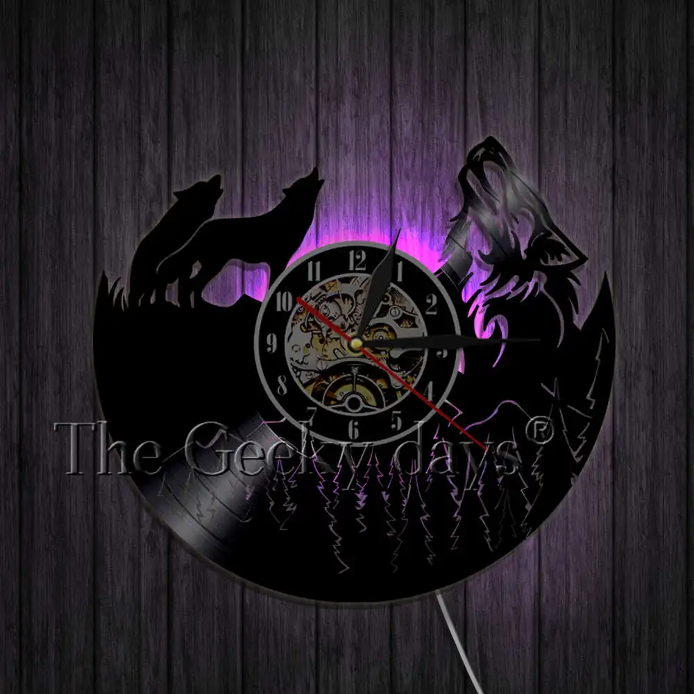 With LED Light Воющий волк Виниловая пластинка настенные часы Horloge Wild Animal Art настенные часы современный уникальный домашний Настенный декор искусство новые подарки - Цвет: With LED Light