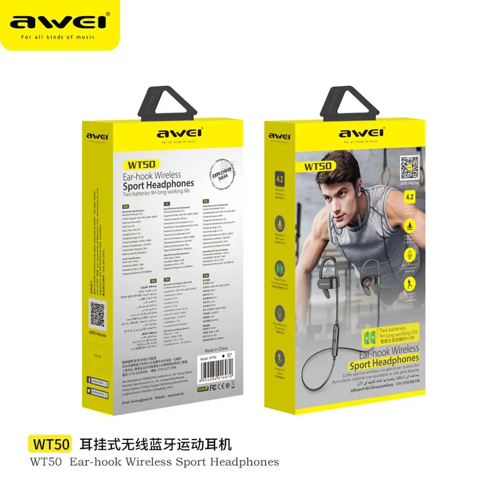 AWEI, водонепроницаемые, IPX4, спортивные наушники, Bluetooth, беспроводные наушники, громкая связь, стерео, hi-fi звук, Заушник, 120 мАч, с микрофоном для телефона