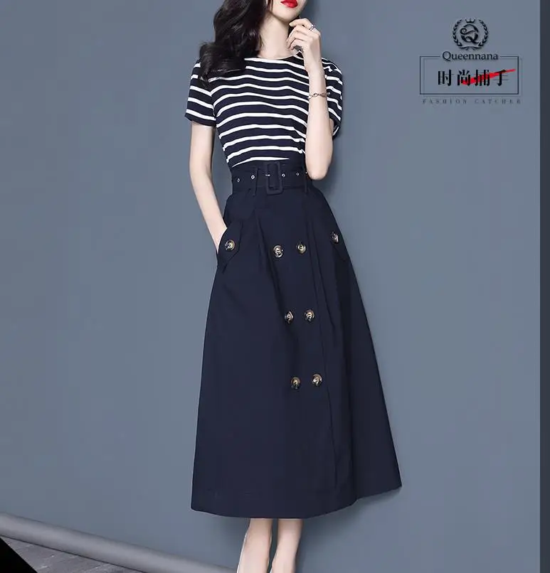 Весна 2019 женский топ из двух частей в полоску с коротким рукавом и юбка-трапеция