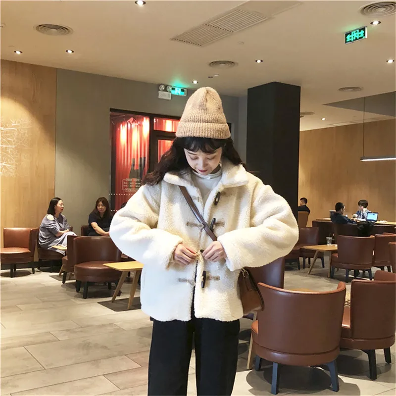 Women Winter New Lamb Cashmere Jacket Outerwear Large Size Standing Collar Loose Horn buckle Thickening Warm Coat Overcoat | Женская