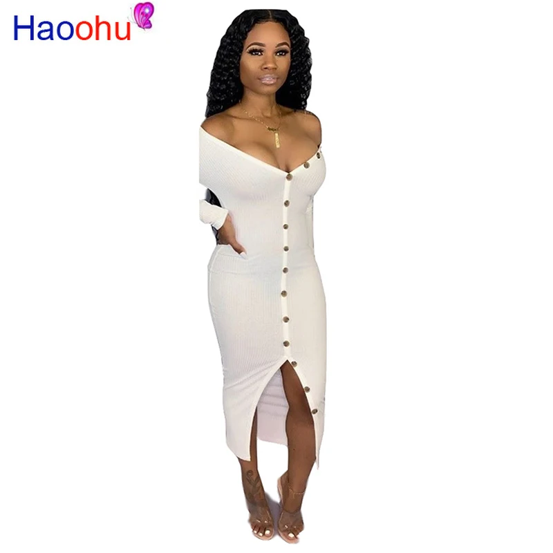 

HAOOHU Sexy Knitted Bodycon Dresses Women Vestidos Off Shoulder Long Sleeve Club Party Dress 2019 Autumn Winter Long Maxi Dress